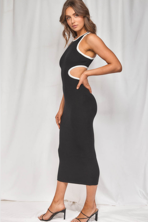 CONTRAST MIDI DRESS - BLACK